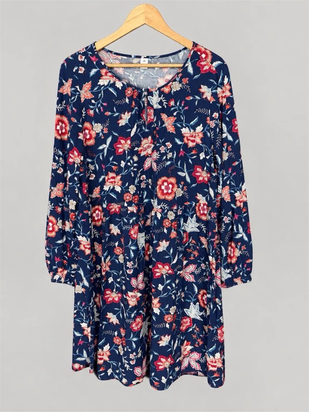 Old Navy Navy Floral Long-Sleeve Women’s Dress with Red and Cream Flowers - L